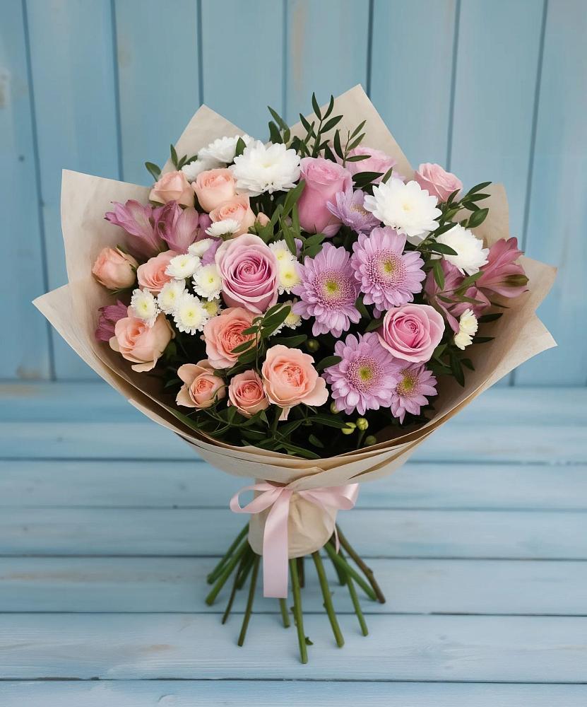 Букет цветов из: Хризантемы, Розы и Альстромерии в Кисляковской