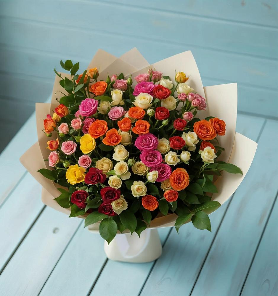 Букет Микс из разноцветных кустовых роз в Кисляковской