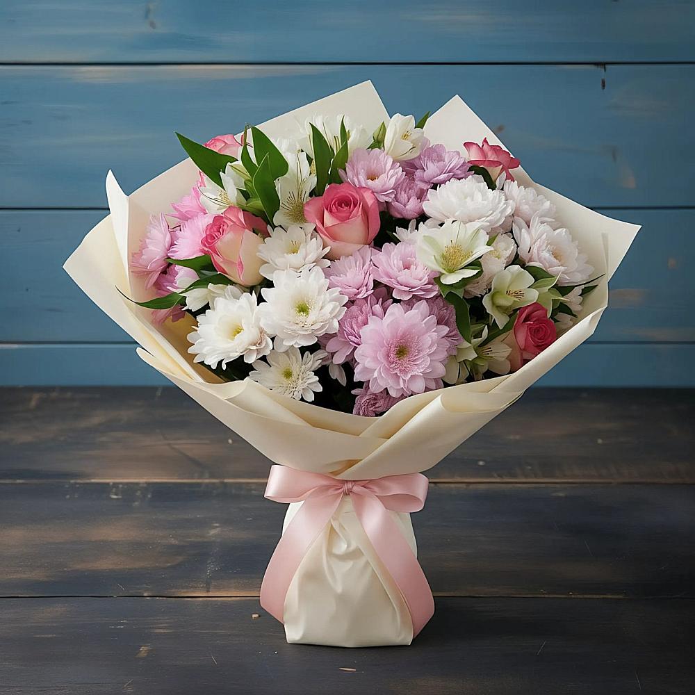 Букет цветов из: Хризантемы, Альстромерии и Розы в Кисляковской